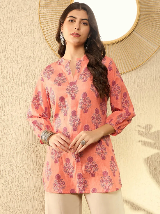 Ahika Women Orange Cotton Blend Floral Printed Regular Tunic-VT1301