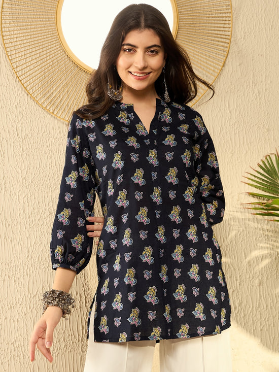 Ahika Women Navy Blue Cotton Blend Ethnic Motifs Printed Regular Tunic-VT1302