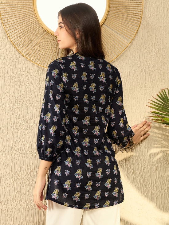 Ahika Women Navy Blue Cotton Blend Ethnic Motifs Printed Regular Tunic-VT1302