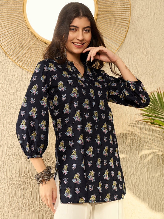 Ahika Women Navy Blue Cotton Blend Ethnic Motifs Printed Regular Tunic-VT1302