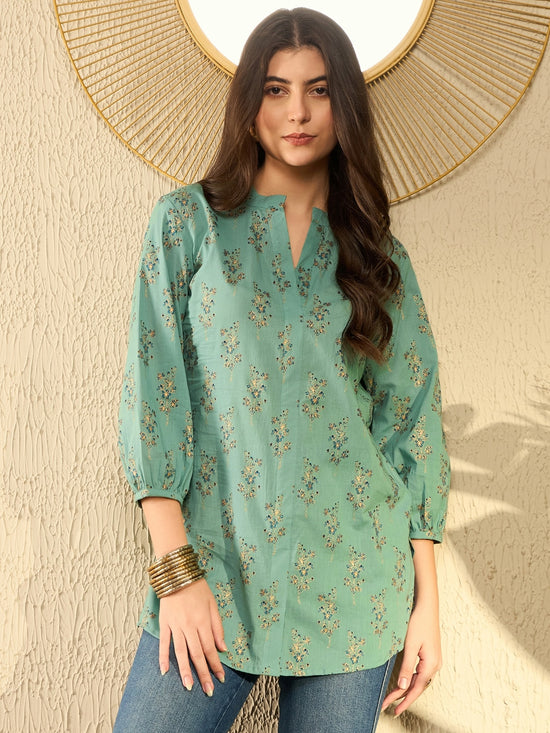 Ahika Women Sea Green Cotton Blend Floral Printed Regular Tunic-VT1304