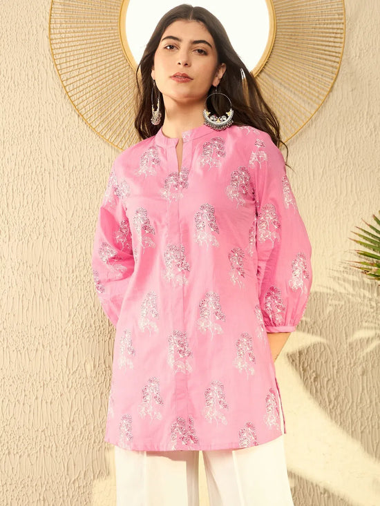 Ahika Women Pink Cotton Blend Floral Printed Regular Tunic-VT1305