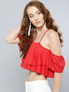 Red Layered Frilled Cold Shoulder Top