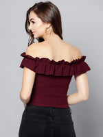 Maroon Frilled Bardot Crop Top-VVV767-XS