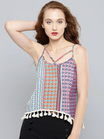 Multicolor Aztec Print Boho Swing Top With Lace Hem