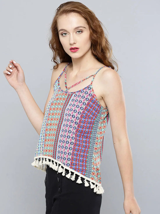 Multicolor Aztec Print Boho Swing Top With Lace Hem