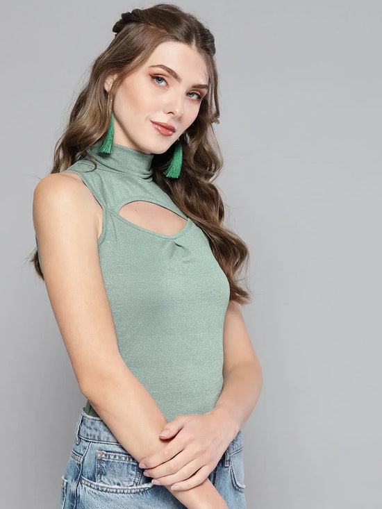 Veni Vidi Vici Sea Green High Neck Keyhole Top