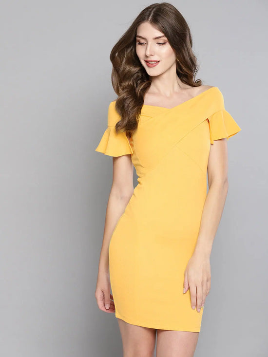 Yellow Frilled Bandage Bardot Bodycon Dress