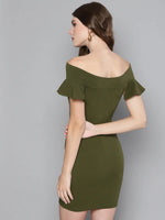 Olive Frilled Bandage Bardot Bodycon Dress