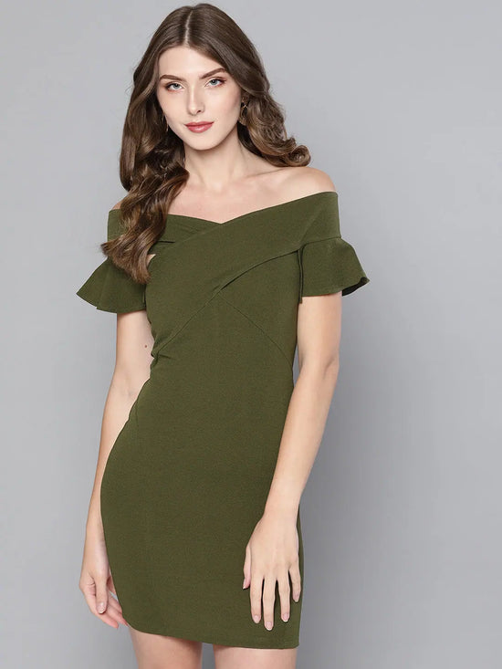 Olive Frilled Bandage Bardot Bodycon Dress