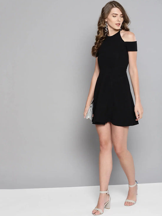 Black Frilled Cold Shoulder Skater Dress