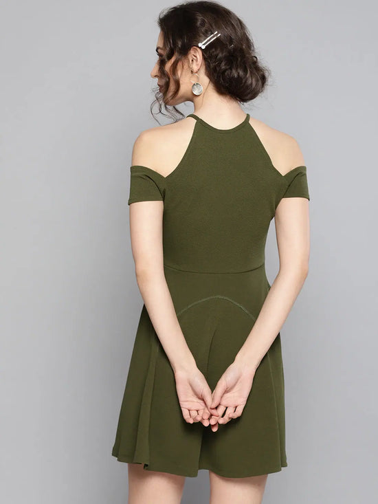 Olive Frilled Cold Shoulder Skater Dress