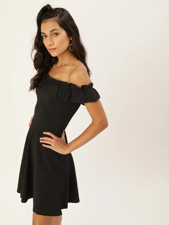 Veni Vidi Vici Black Frilled Bardot Skater Dress