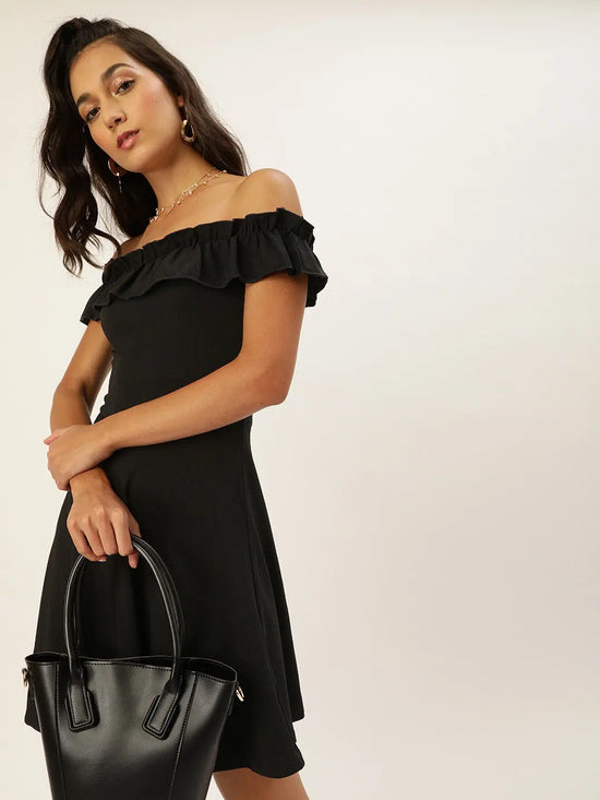 Veni Vidi Vici Black Frilled Bardot Skater Dress