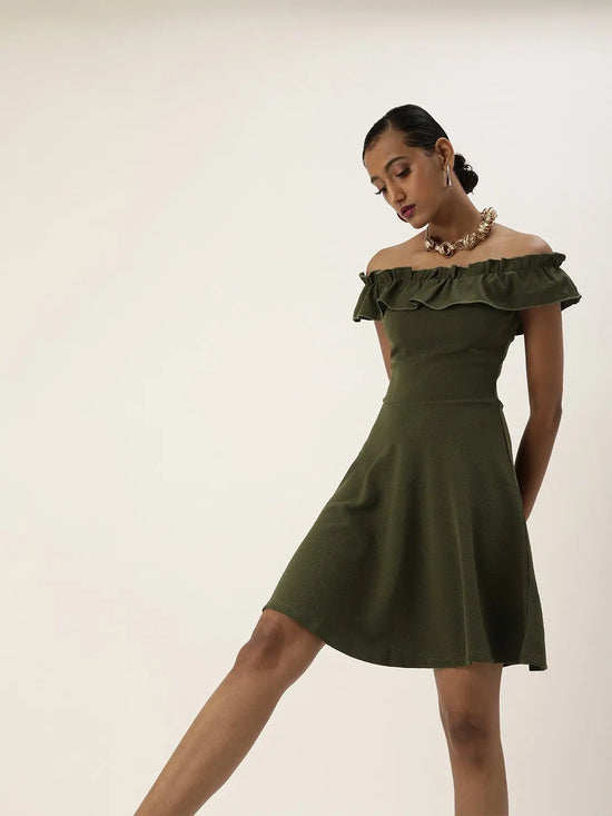 Veni Vidi Vici Olive Frilled Bardot Skater Dress