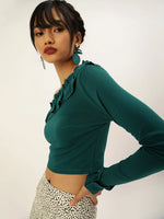 Veni Vidi Vici Dark Green Frilled One Shoulder Top