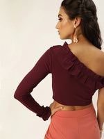 Veni Vidi Vici Maroon Frilled One Shoulder Top