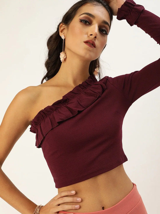 Veni Vidi Vici Maroon Frilled One Shoulder Top