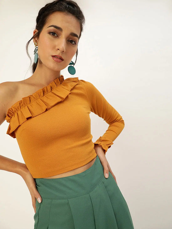 Veni Vidi Vici Mustard Frilled One Shoulder Top