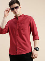 Men Mandarin Collar Solid Maroon Shirt-Vittoralinen-5200-Maroon