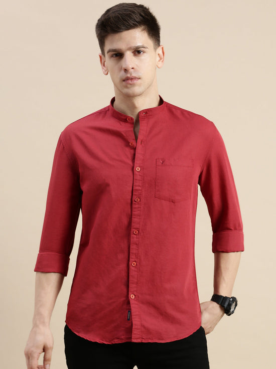 Men Mandarin Collar Solid Maroon Shirt-Vittoralinen-5200-Maroon