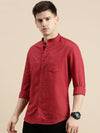 Men Mandarin Collar Solid Maroon Shirt-Vittoralinen-5200-Maroon