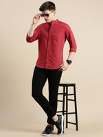 Men Mandarin Collar Solid Maroon Shirt-Vittoralinen-5200-Maroon