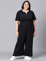 Women Plus Size Solid Black  V-Neck Elasticated Jumpsuit-W23005POV002