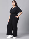 Women Plus Size Solid Black  V-Neck Elasticated Jumpsuit-W23005POV002