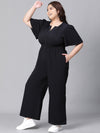 Women Plus Size Solid Black  V-Neck Elasticated Jumpsuit-W23005POV002