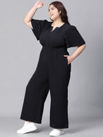 Women Plus Size Solid Black  V-Neck Elasticated Jumpsuit-W23005POV002