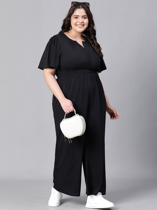 Women Plus Size Solid Black  V-Neck Elasticated Jumpsuit-W23005POV002