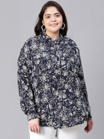 Women Plus Size Black Floral Print Collared Long Sleeve Shirt-W23008PSH002