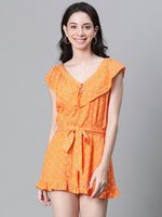 Women Orange Floral Print V-Neck Elasticated Tie-Knot Belted Playsuit-W23017WOV002