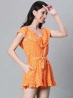 Women Orange Floral Print V-Neck Elasticated Tie-Knot Belted Playsuit-W23017WOV002