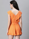 Women Orange Floral Print V-Neck Elasticated Tie-Knot Belted Playsuit-W23017WOV002