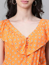 Women Orange Floral Print V-Neck Elasticated Tie-Knot Belted Playsuit-W23017WOV002