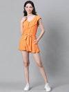 Women Orange Floral Print V-Neck Elasticated Tie-Knot Belted Playsuit-W23017WOV002