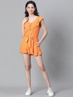 Women Orange Floral Print V-Neck Elasticated Tie-Knot Belted Playsuit-W23017WOV002