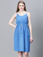 Women Blue Shoulder Strap Button-Down Multipurpose Beachwear Cum Casual Cotton Dress-W23031WBW001