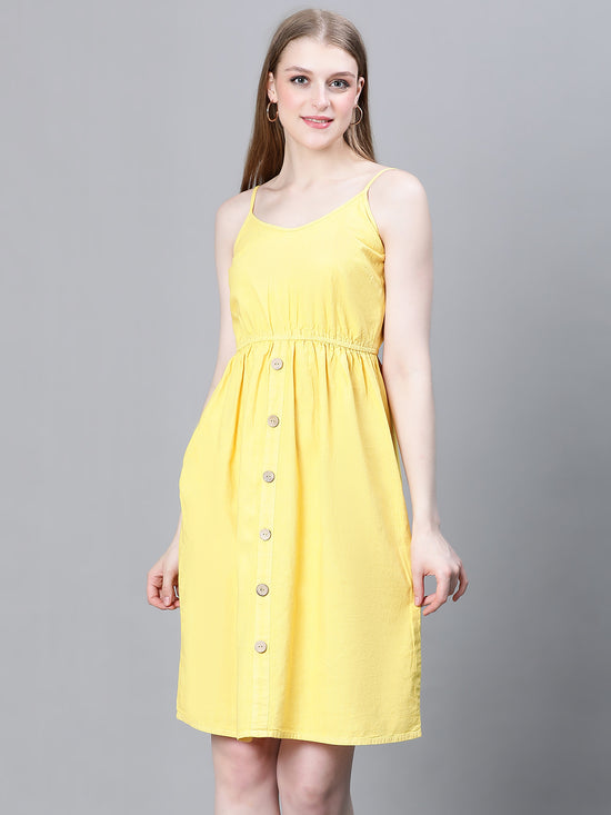 Women Yellow Shoulder Strap Button-Down Multipurpose Beachwear Cum Casual Cotton Dress-W23031WBW002