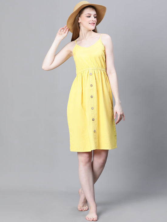 Women Yellow Shoulder Strap Button-Down Multipurpose Beachwear Cum Casual Cotton Dress-W23031WBW002