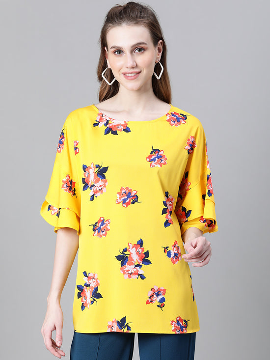 Women Yellow Floral Print Round Neck Short Sleeve Top-W23034WBL001