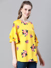 Women Yellow Floral Print Round Neck Short Sleeve Top-W23034WBL001