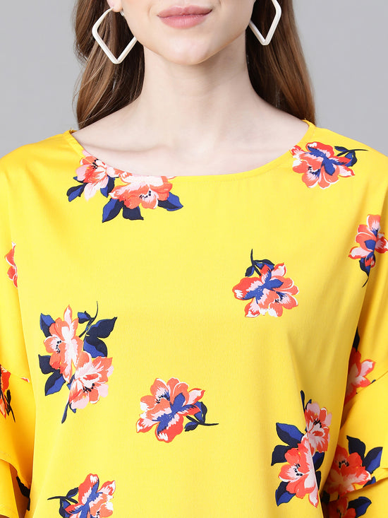 Women Yellow Floral Print Round Neck Short Sleeve Top-W23034WBL001