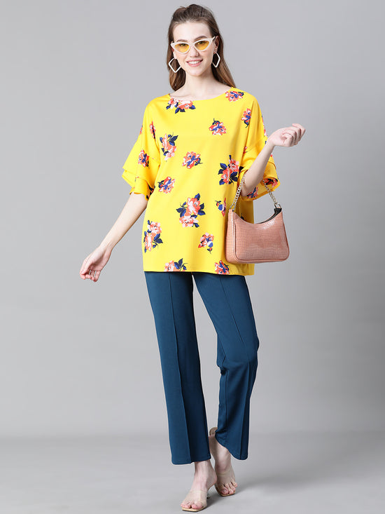 Women Yellow Floral Print Round Neck Short Sleeve Top-W23034WBL001