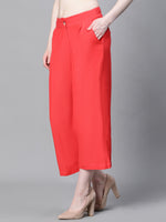 Women Solid Red Elasticated Button Pant-W23040WP0001