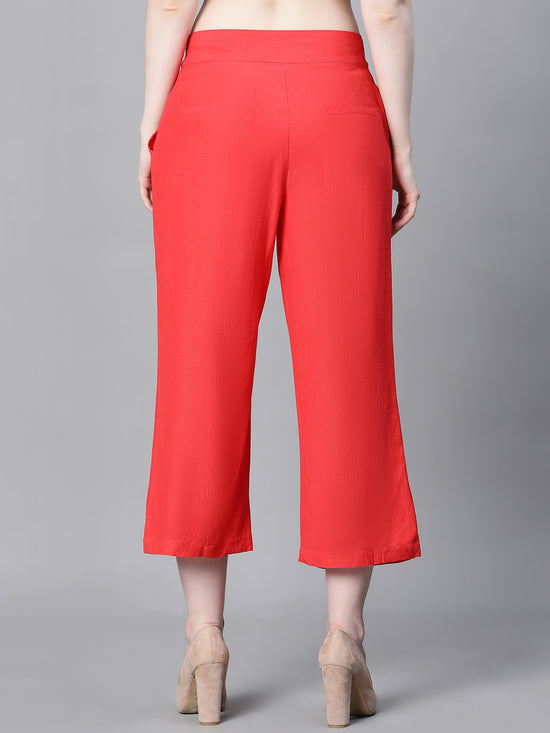 Women Solid Red Elasticated Button Pant-W23040WP0001