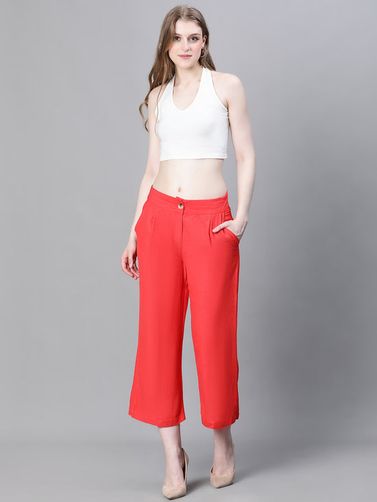 Women Solid Red Elasticated Button Pant-W23040WP0001