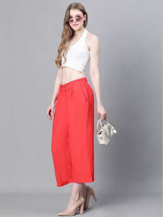 Women Solid Red Elasticated Button Pant-W23040WP0001